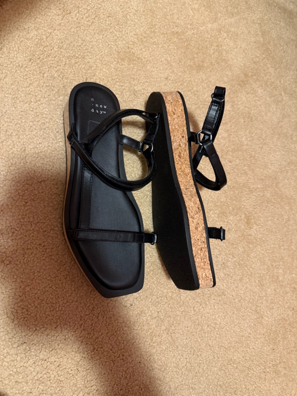 New Platform Cork-Trim Strappy Sandal - Black